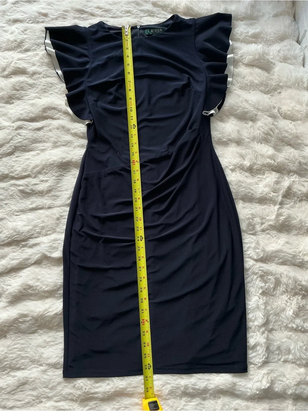 Lauren Ralph Lauren Navy Midi Sheath Dress with White-Trim Flutter Sleeves - Picture 3 of 8